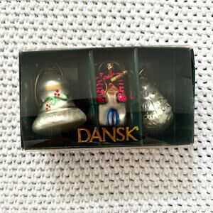 Dansk Vintage 3 Piece Glass Miniature Ornament Set Bell House Tree In Box